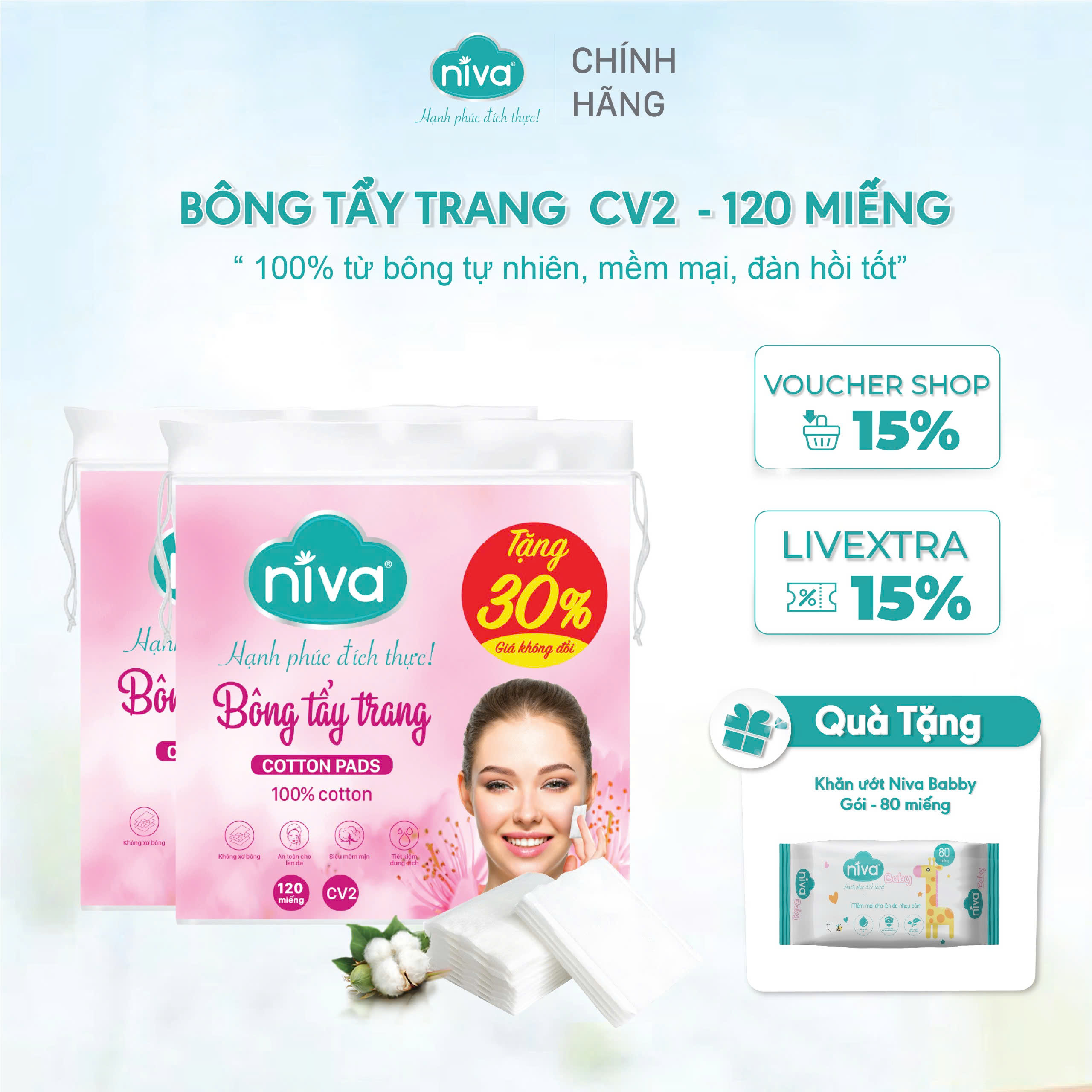 Túi 120 Miếng Bông Tẩy Trang Vuông NIVA Cotton Pads Cao Cấp CV2 Bông Thiên Nhiên Thuần Khiết
