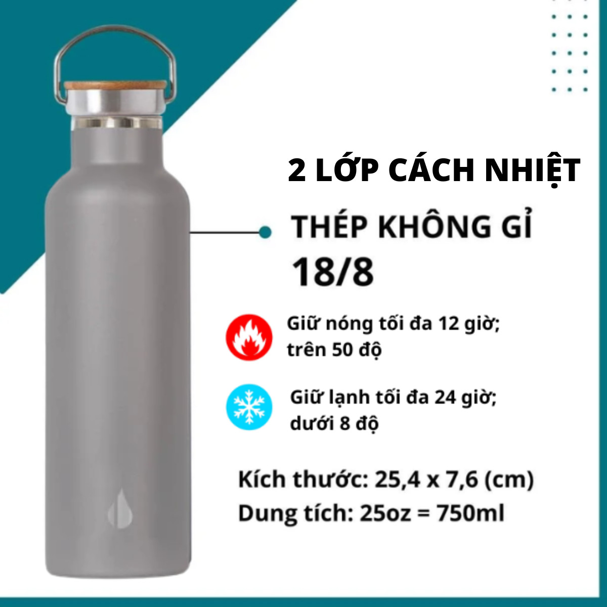 BÌNH GIỮ NHIỆT ELEMENTAL MÀU XÁM (750ML), BÌNH NHẬP KHẨU MỸ, ĐẠT CHUẨN FDA HOA KỲ, THÉP 304 KHÔNG GỈ, GIỮ NÓNG LẠNH