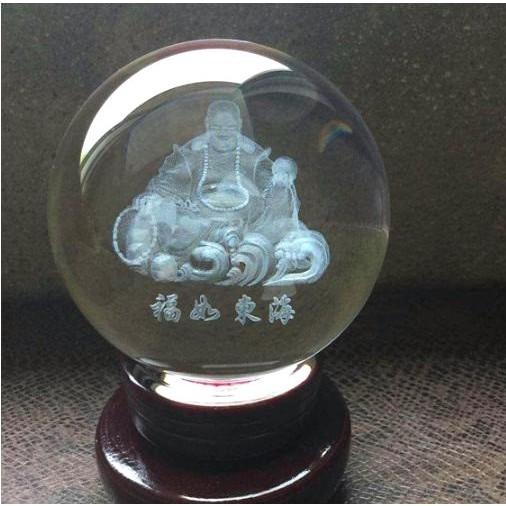 Quả cầu phong thủy pha lê 3D - Tôn Phật Di Lặc - Tặng kèm đế gỗ