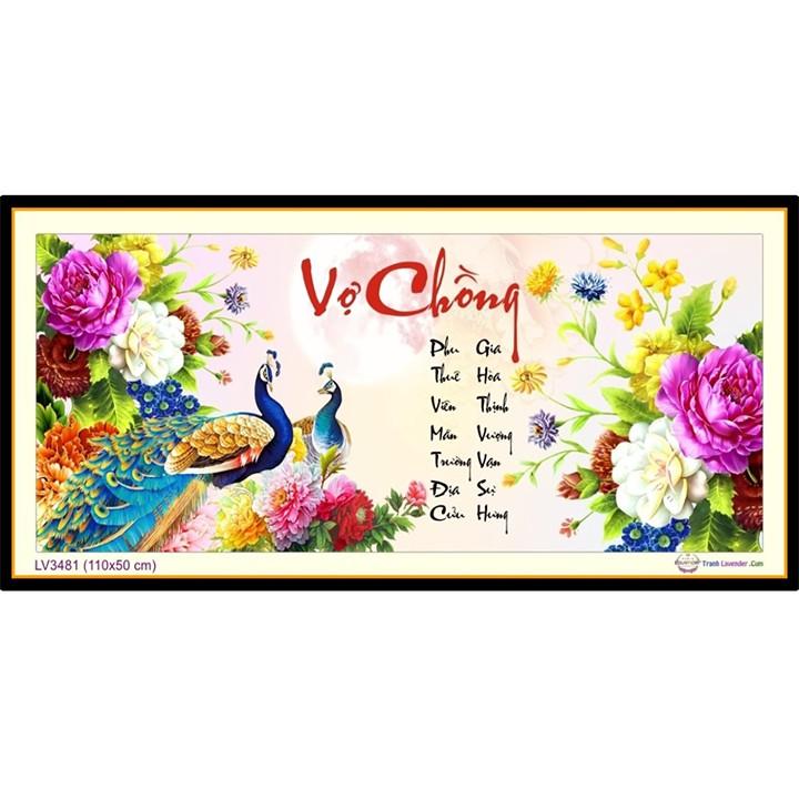 Tranh thêu vợ chồng công hoa mẫu đơn LV3481 - kích thước: 110 * 50cm. (TRANH CHƯA LÀM)