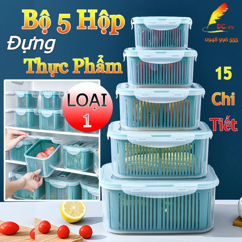 Bộ 5 Hộp Đựng Thực Phẩm Giỏ Có Nắp Đậy Khay Nhựa Kèm Rổ Ráo Nước Để Tủ Lạnh Bảo Quản Thức Ăn Tiện Dụng