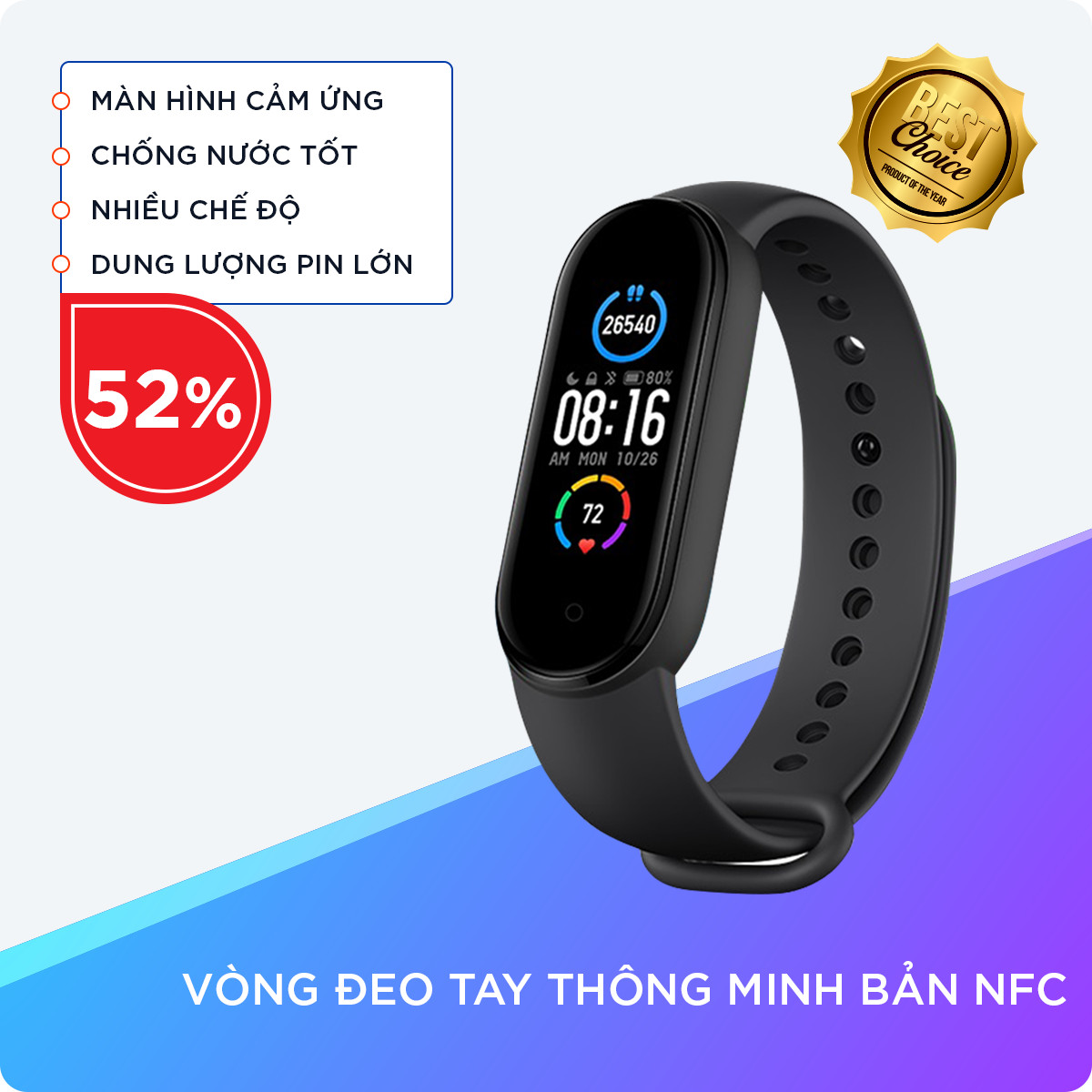 Vòng Đeo Tay Thông Minh Đo Nhịp Tim, Theo Dõi Nồng Độ Oxi Trong Máu, Theo Dõi Giấc Ngủ Và Nhiều Chức Năng Khác (Bản NFC, Màu Đen)