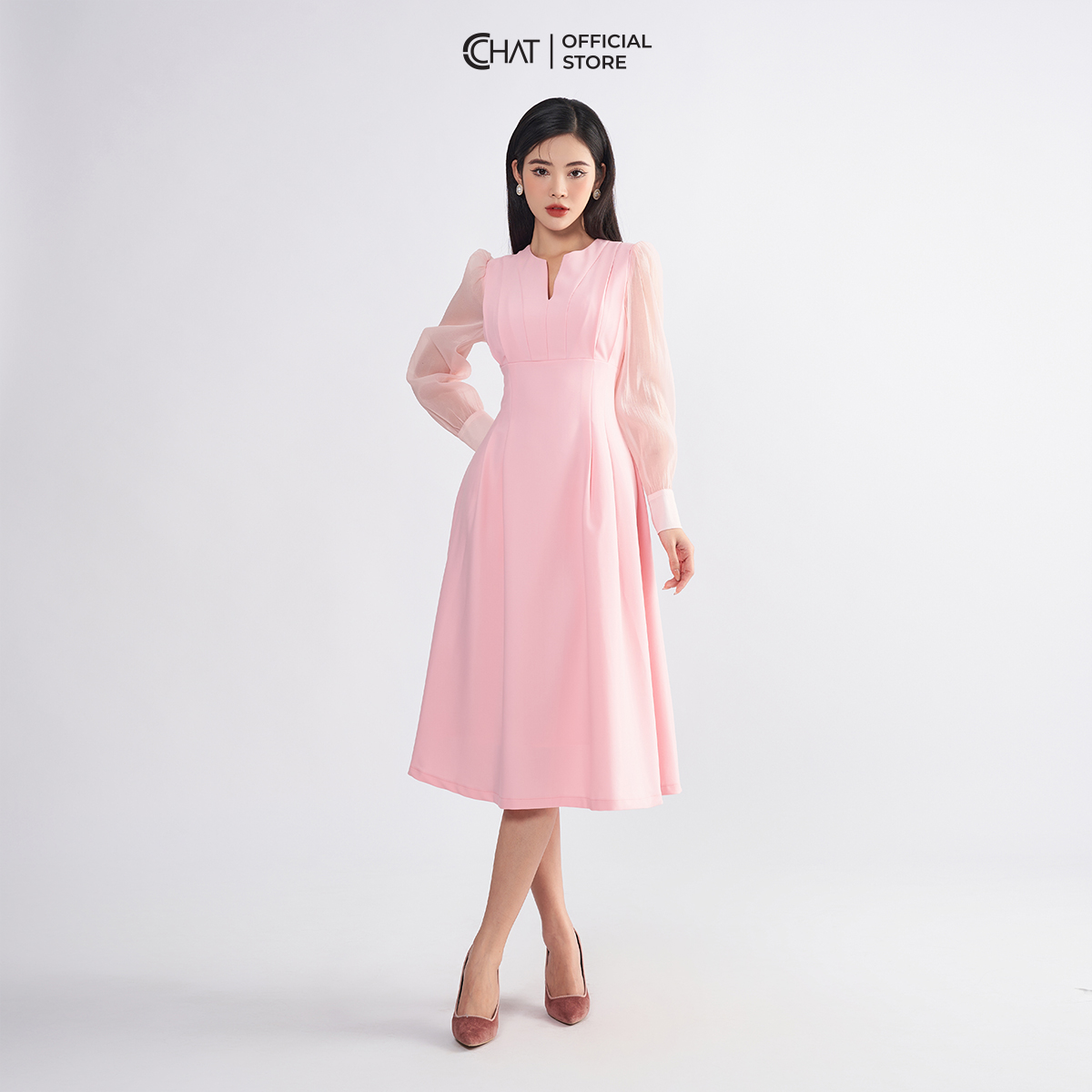 Đầm Nữ Cổ V Ly Chiết Xếp Chặn Dáng Xòe Chất Tuytsi Mềm Mịn 22VDS8027XT