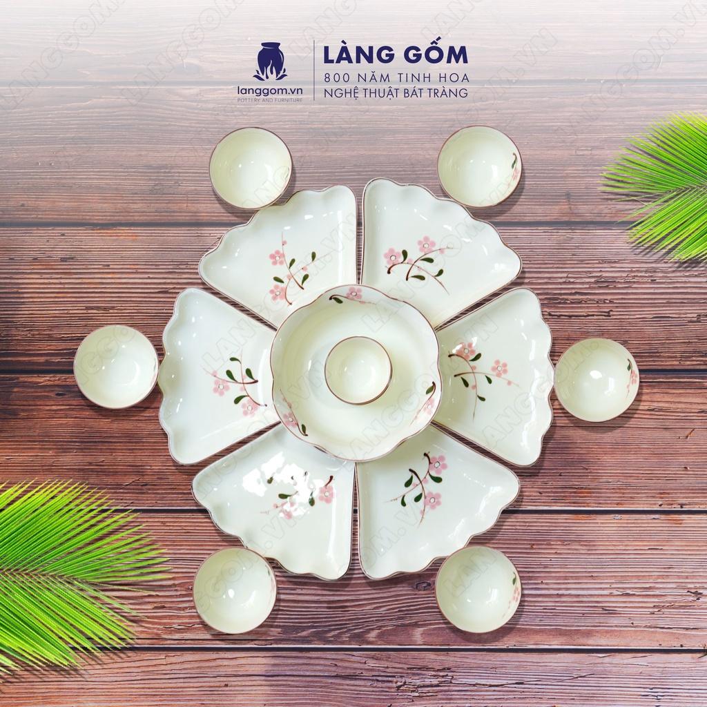 Bộ bàn ăn mặt trời vẽ đào hồng - Gốm sứ Bát Tràng - langgom.vn