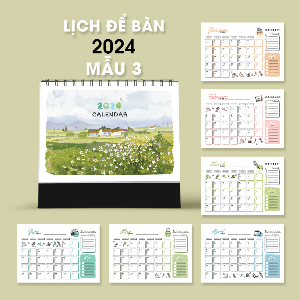 Lịch để bàn 2024 [TẶNG 12/2023], lịch 2024 có lịch âm, note ngày lễ, tone màu pastel cute 3, planne