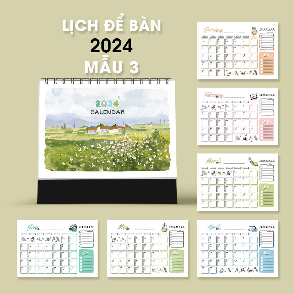 Lịch để bàn 2024 , lịch 2024 có lịch âm, note ngày lễ, tone màu pastel cute 3, planner
