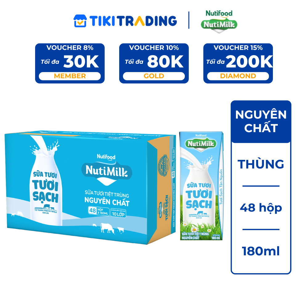 Thùng 48 hộp Sữa Tươi Tiệt Trùng Nutimilk Không Đường 180ml
