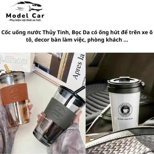 Cốc uống nước Thủy Tinh, Bọc Da có ống hút để trên xe ô tô, decor bàn làm việc, phòng khách ...