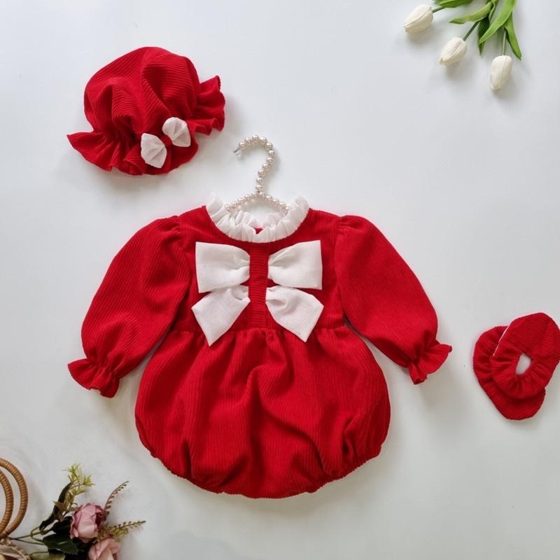 Body nỉ nhung dài tay cho bé gái kèm mũ và tất vải - body nơ thu đông màu đỏ mặc tết bé sơ sinh - set 3 chi tiết trẻ em