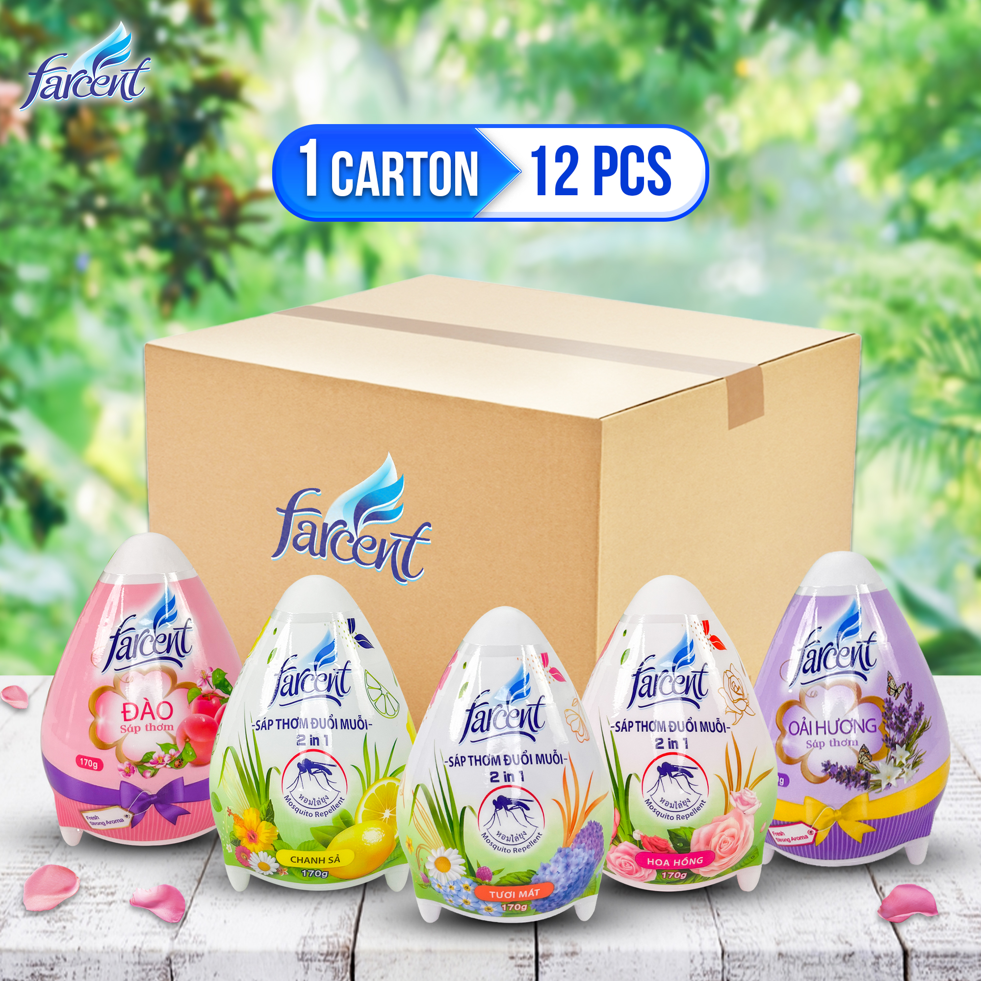 Thùng 12 Sáp thơm phòng đuổi muỗi, khử mùi hôi Farcent 170g chính hãng (5 hương thơm lựa chọn)