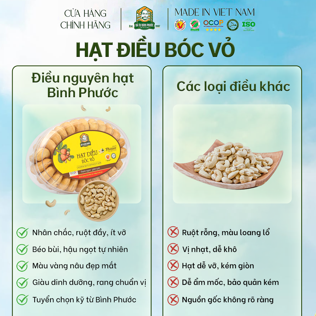 Hạt Điều Bóc Vỏ Bà Tư Bình Phước 160g – Giòn rụm, béo bùi tự nhiên – rang củi truyền thống