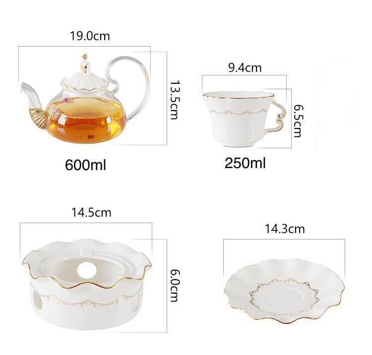 BỘ ẤM THỦY TINH PHA TRÀ HOA KÈM KHAY SỨ, 6 CỐC VÀ GIÁ TREO KIM LOẠI MẠ VÀNG - VD56