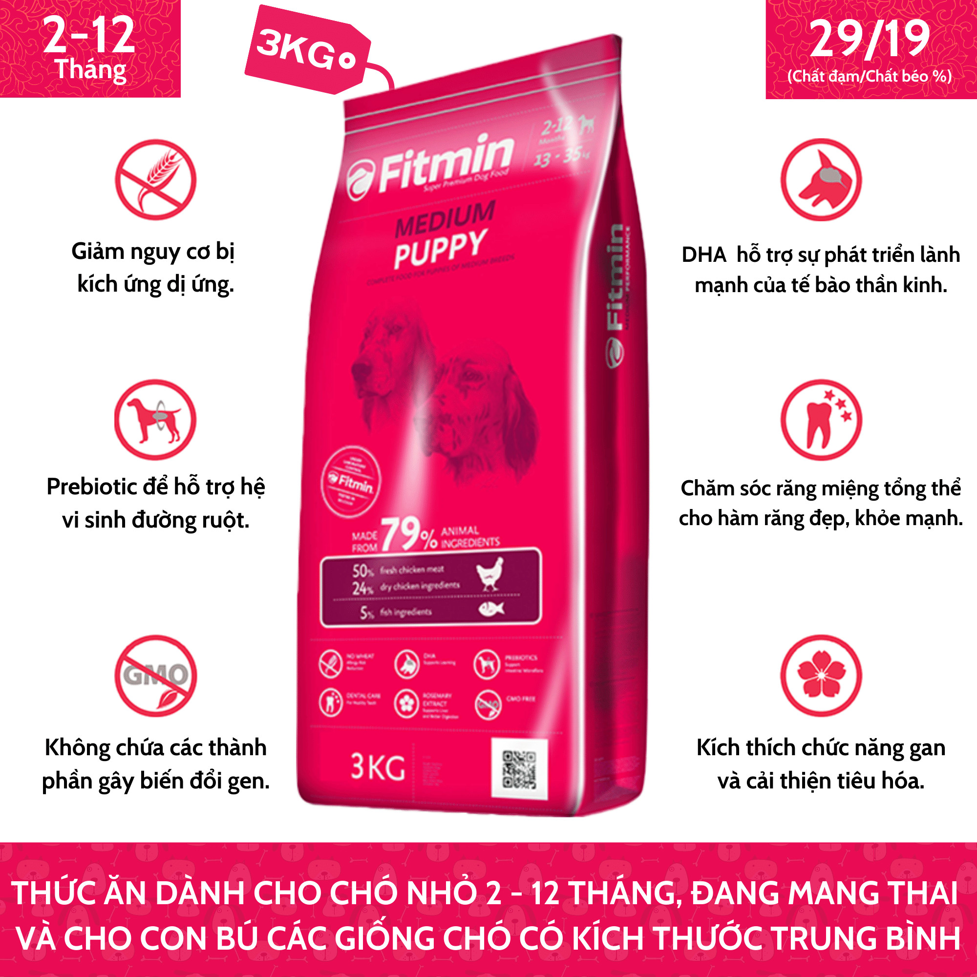 Thức Ăn Dành Cho Chó Nhỏ 2 - 12 Tháng, Chó Mang Thai Và Cho Con Bú Giống Chó Kích Thước Trung Bình Fitmin Dog Medium Puppy 3KG - TẶNG 1 Lon Pate Tươi Hello Dog Chicken Pate 190G