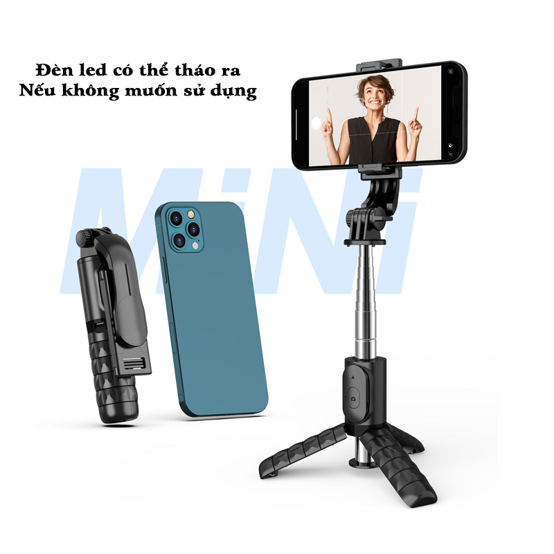 Gậy chụp ảnh tự sướng selfie bluetooth, Tripod 3 chân cho điện thoại có điều khiển từ xa, Có đèn led trợ sáng 6 màu