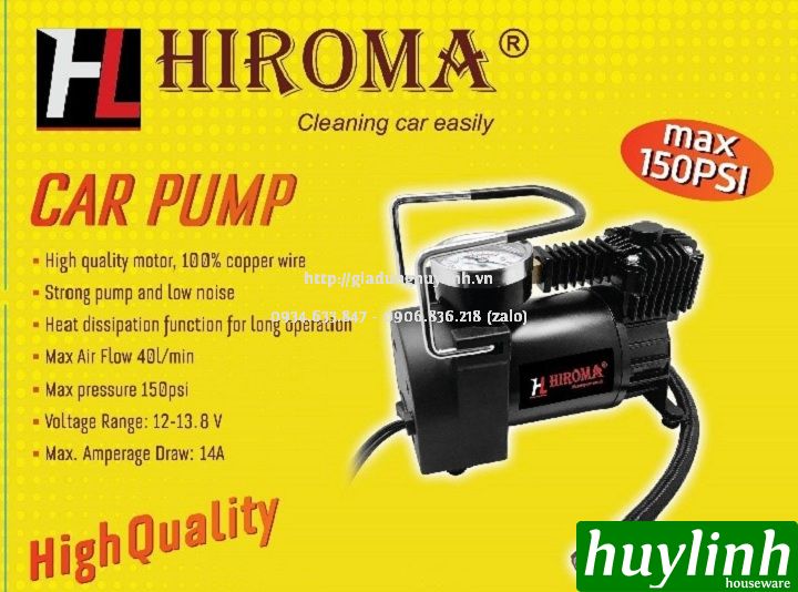 Máy bơm lốp mini ô tô Hiroma DHL-0312 - 12V - Tặng túi xách - Hàng chính hãng