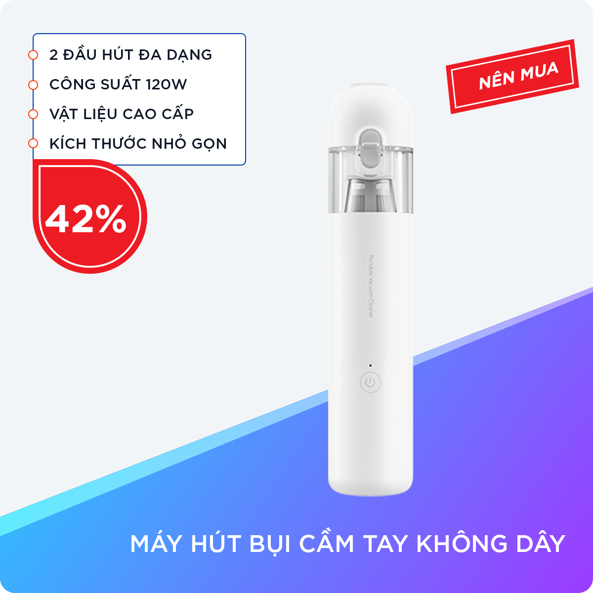 Máy Hút Bụi Cầm Tay 2 Đầu Hút Đa Dạng, Công Suất 120W Tốc Độ Lên Đến 88000 vòng/phút Với Kích Thước Chỉ 267 x 55 x 55mm