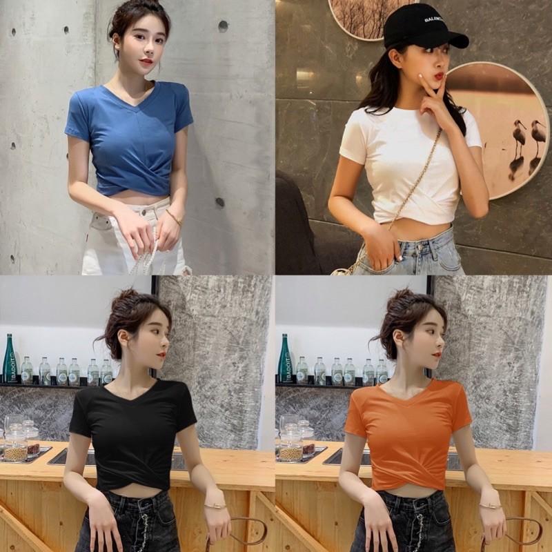 Áo phông croptop xoắn eo, cổ tim và cổ tròn, nhiều màu, cotton 4c loại 1 siêu đẹp, đủ size