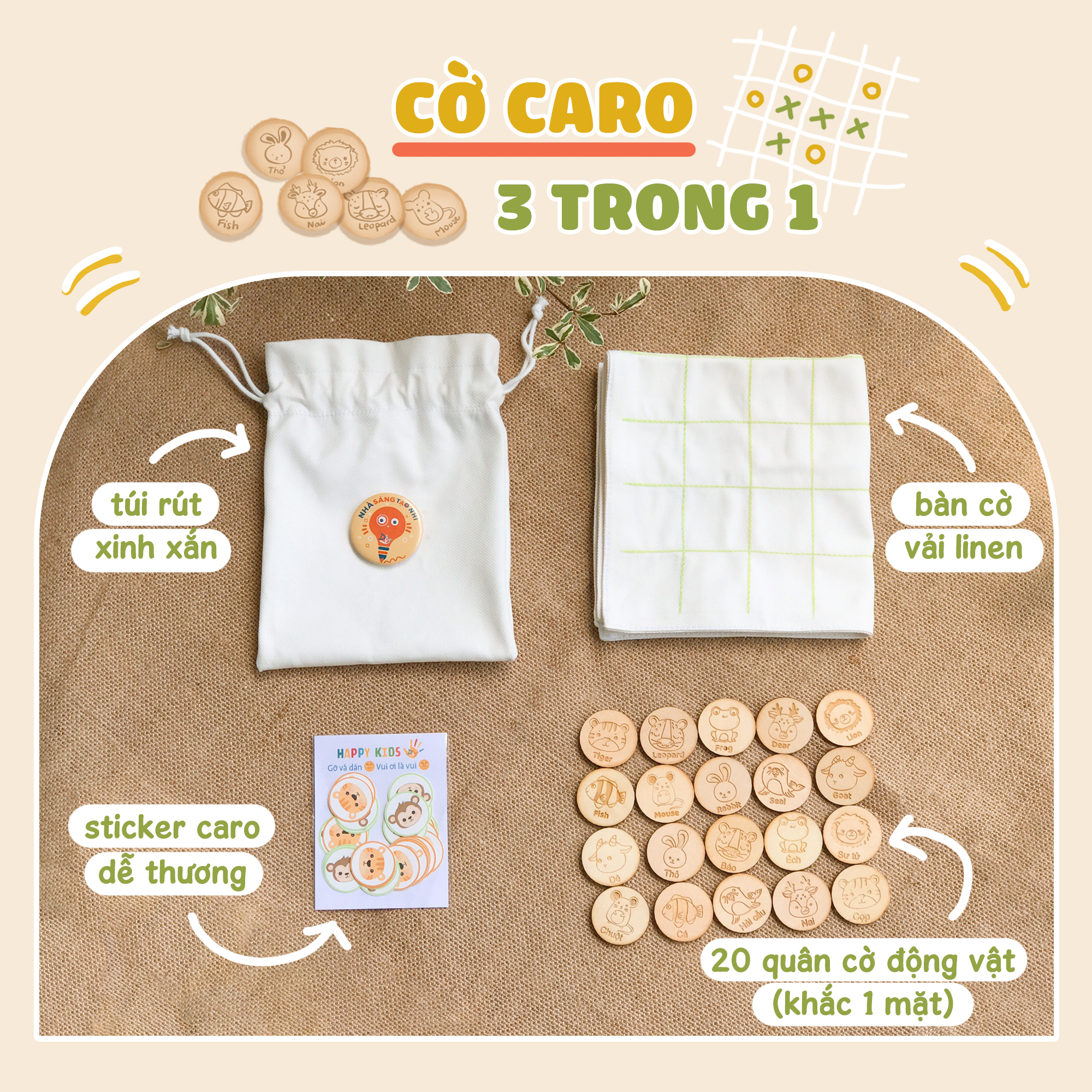 COMBO CỜ CARO 3 TRONG 1, FLASHCARD CON GÌ ĂN GÌ VÀ SÁCH “ĐỘNG VẬT ĂN NHƯ THẾ NÀO?”