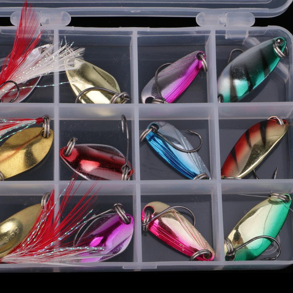 12Pcs Metal Fishing Lures Spoon Spinner Baits Treble Hook with Box