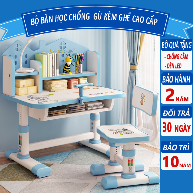 Bộ bàn học cho bé C07, bàn học chống gù size 80cm tặng kèm đèn led, giá đỡ ngực