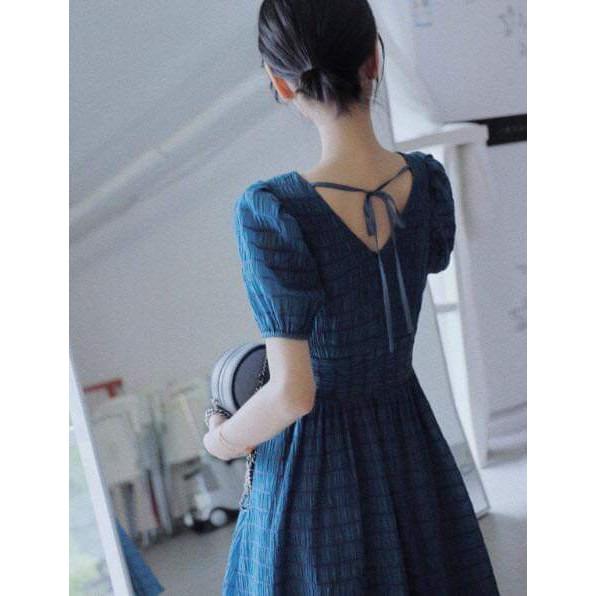 Đầm vải nhún cột nơ sau màu HỒNG & XANH