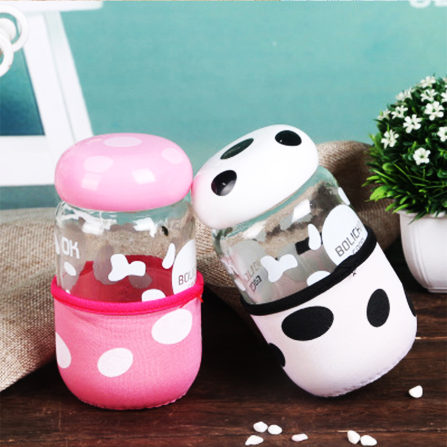 Bình Nước Thủy Tinh Chịu Nhiệt Bọc Vải Nấm Lùn Siêu Đáng Yêu 300ml