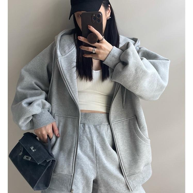 ÁO KHOÁC HOODIE NỮ VẢI NỈ FORM RỘNG TAY PHỒNG MÀU XÁM TRƠN , ÁO KHOÁC KHÓA KÉO MÀU XÁM TRƠN