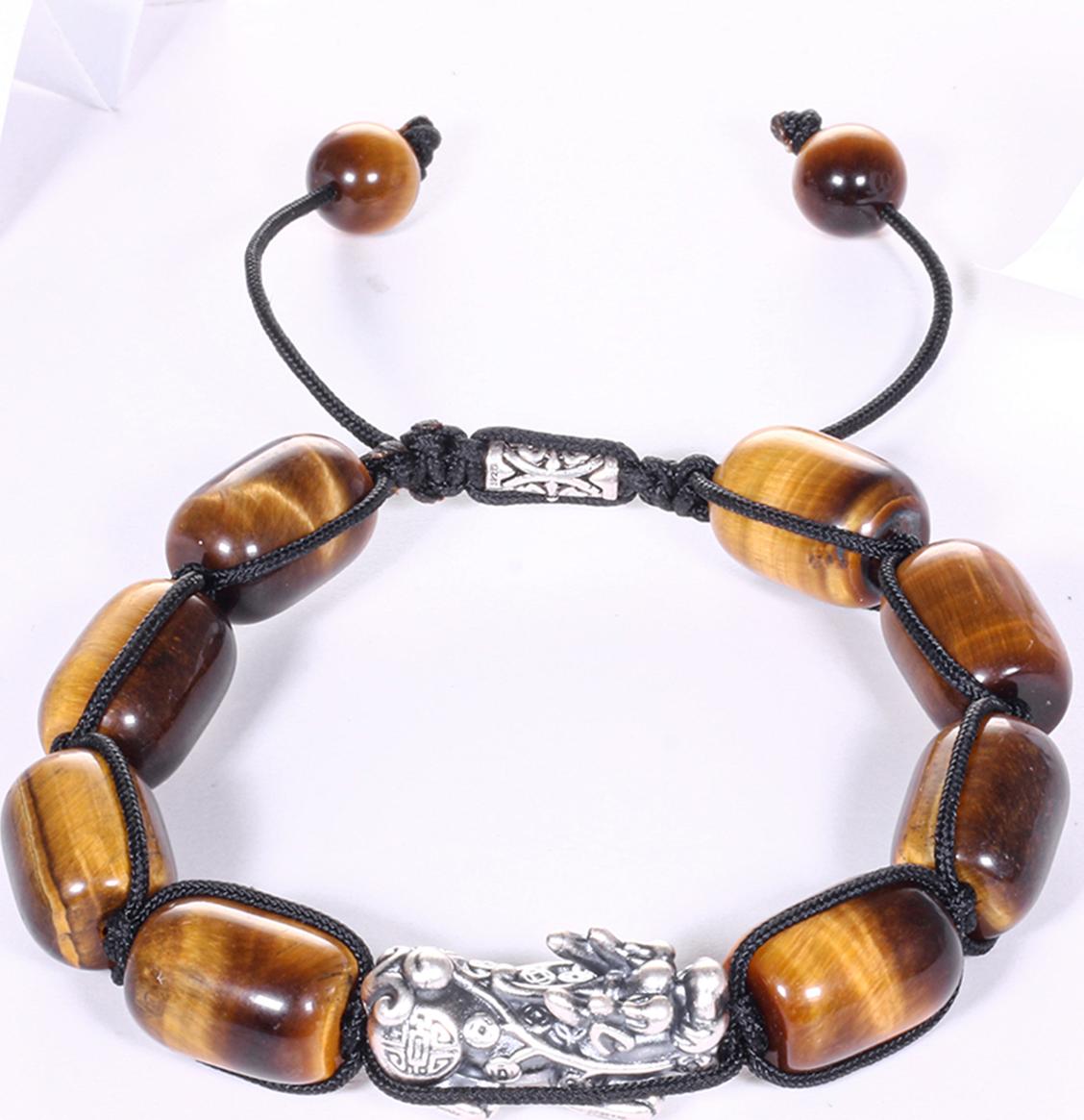 Vòng tay đá mắt hổ lu thống mix tỳ hưu bạc 14x10mm mệnh thổ, kim - Ngọc Quý Gemstones