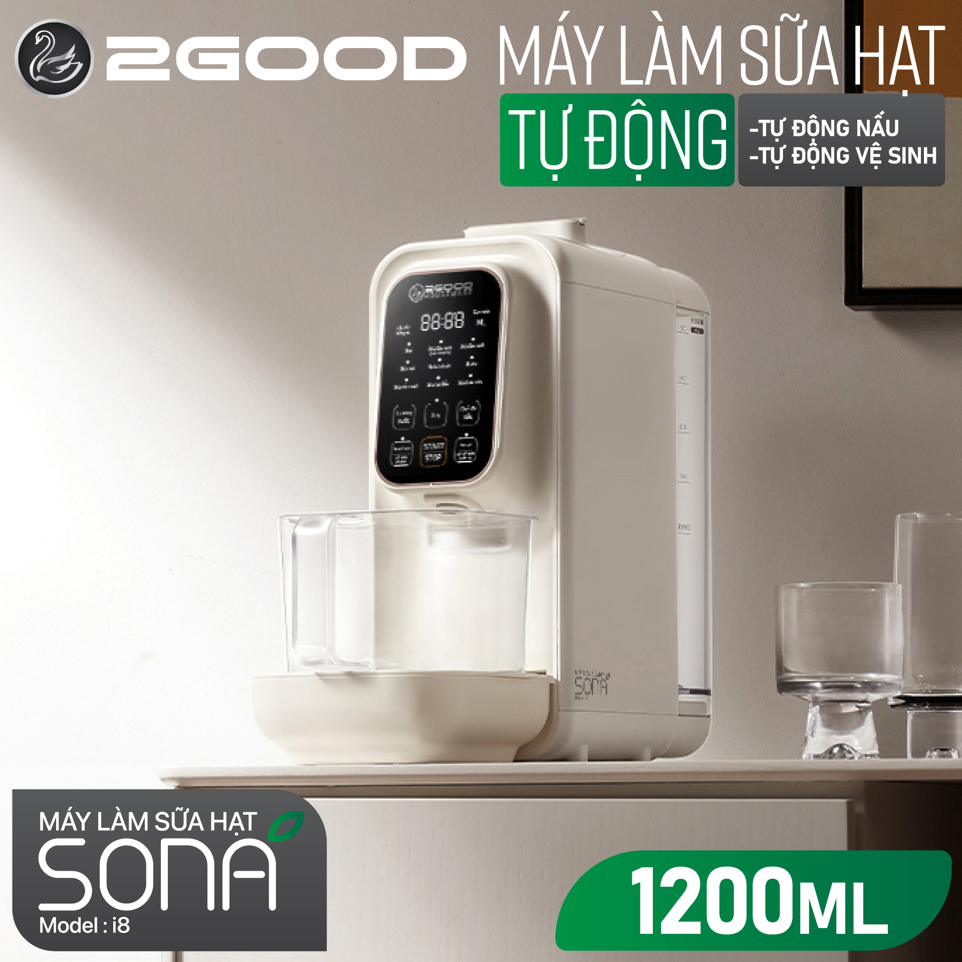 Máy Làm Sữa Hạt Tự Động 2GOOD SONA i8 - Tự Động Nấu, Tự Động Vệ Sinh, Khử Sạch Vi Khuẩn Và Mùi Thực Phẩm - Hàng Chính Hãng