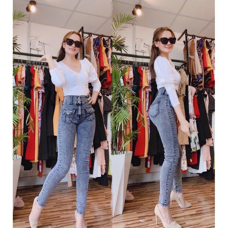 Quần Jeans Nữ Lưng Cao Phối Túi hộp thời trang