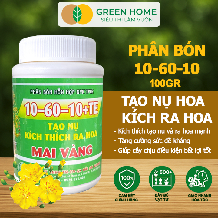 Phân Bón NPK 10-60-10 GreenHome, Hũ 100gr, Tạo Nụ, Kích Thích Ra Hoa Mai Vàng Mạnh Mẽ