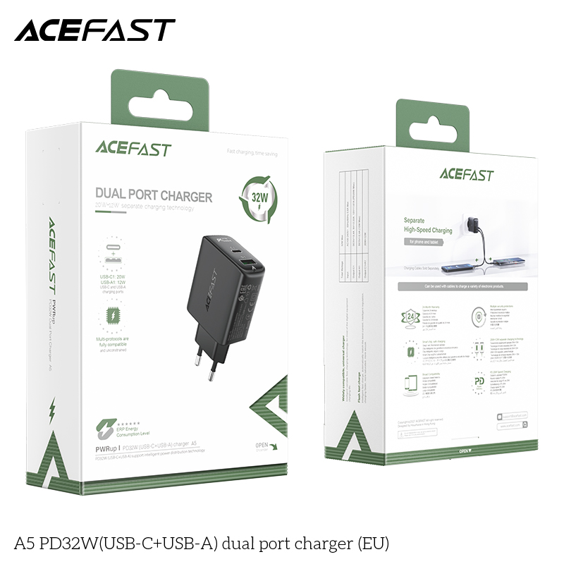 Sạc Acefast PD3.0 32W 2 cổng USB-C+USB-A (EU) - A5 Hàng chính hãng Acefast