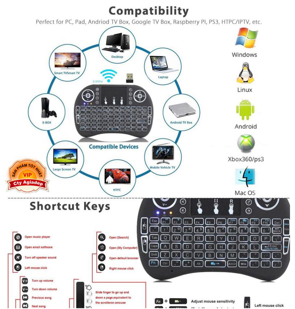 [ Bàn phím không dây nhiều màu kiêm chuột cảm ứng đa năng cho Smart Tivi TVbox máy tính (đã gồm pin lithium sạc được)