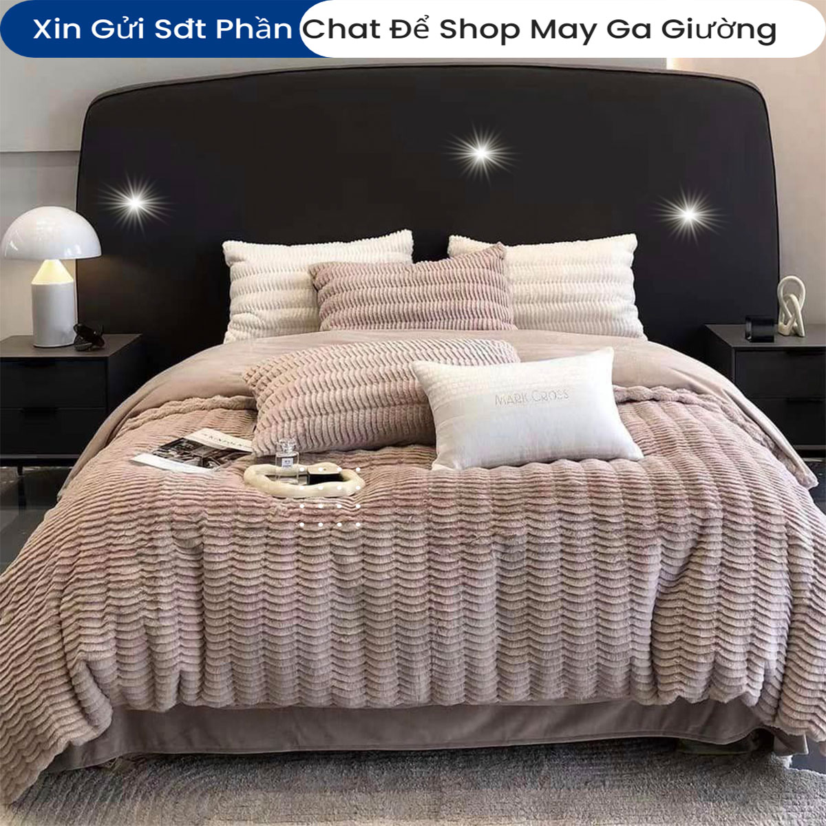 Bộ Chăn Ga Gối Đệm Lụa Nỉ Mark Cross 5 Món ANNA NGUYÊN Cao Cấp Chăn Chần Bông Lụa Mềm