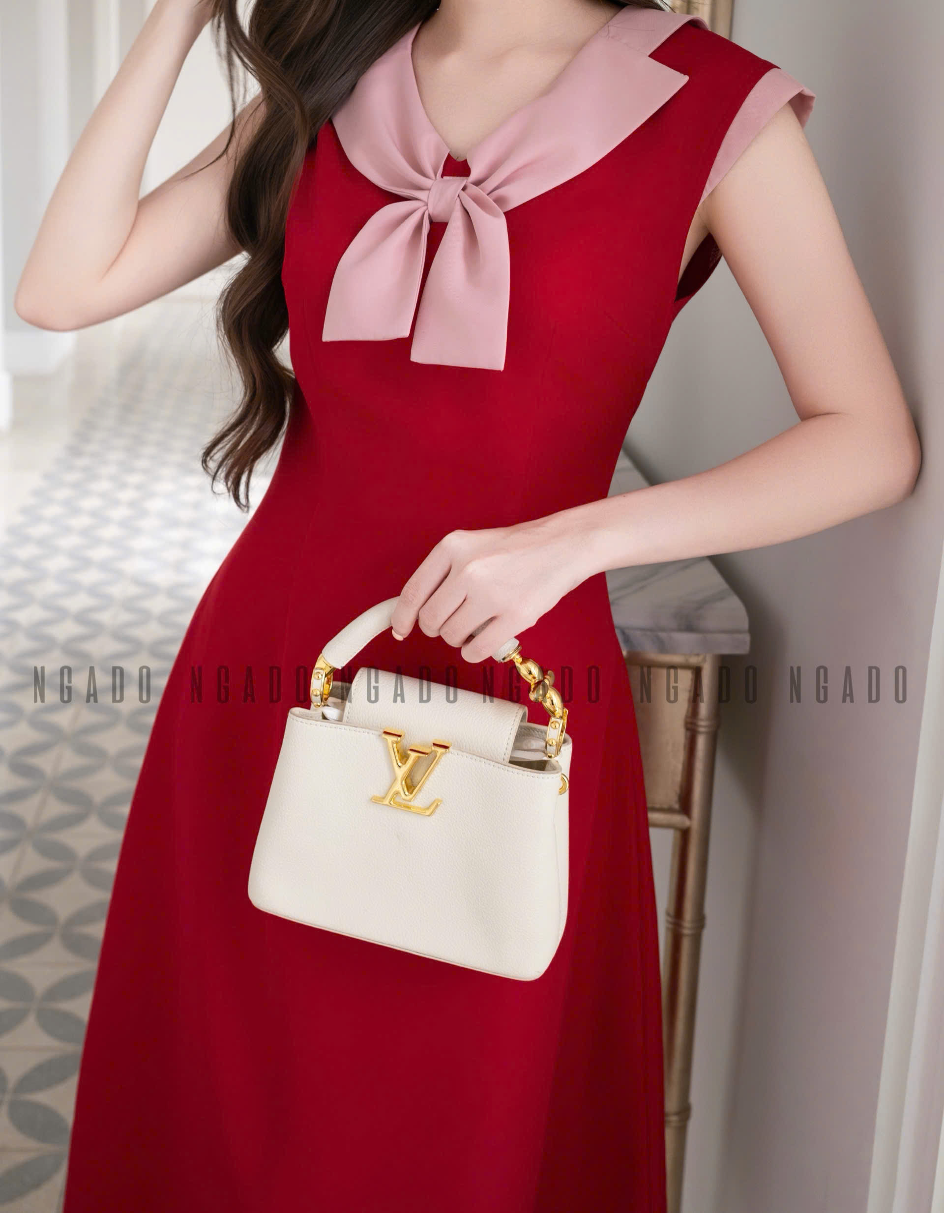 Đầm đỏ phối nơ hồng NGADO , đầm nữ , đầm dự tiệc