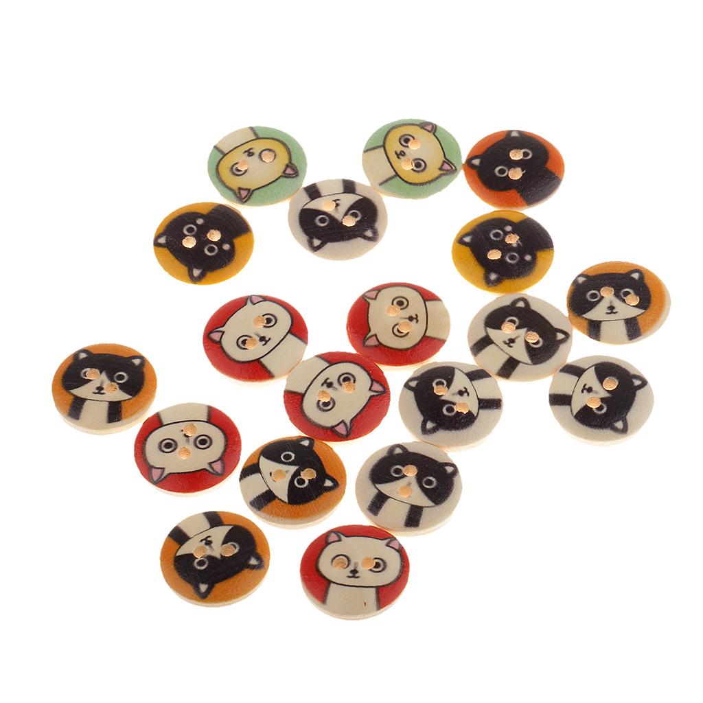 100Pieces Cat Pattern Wooden Round 2 Holes Buttons for Sewing Crafts 15mm