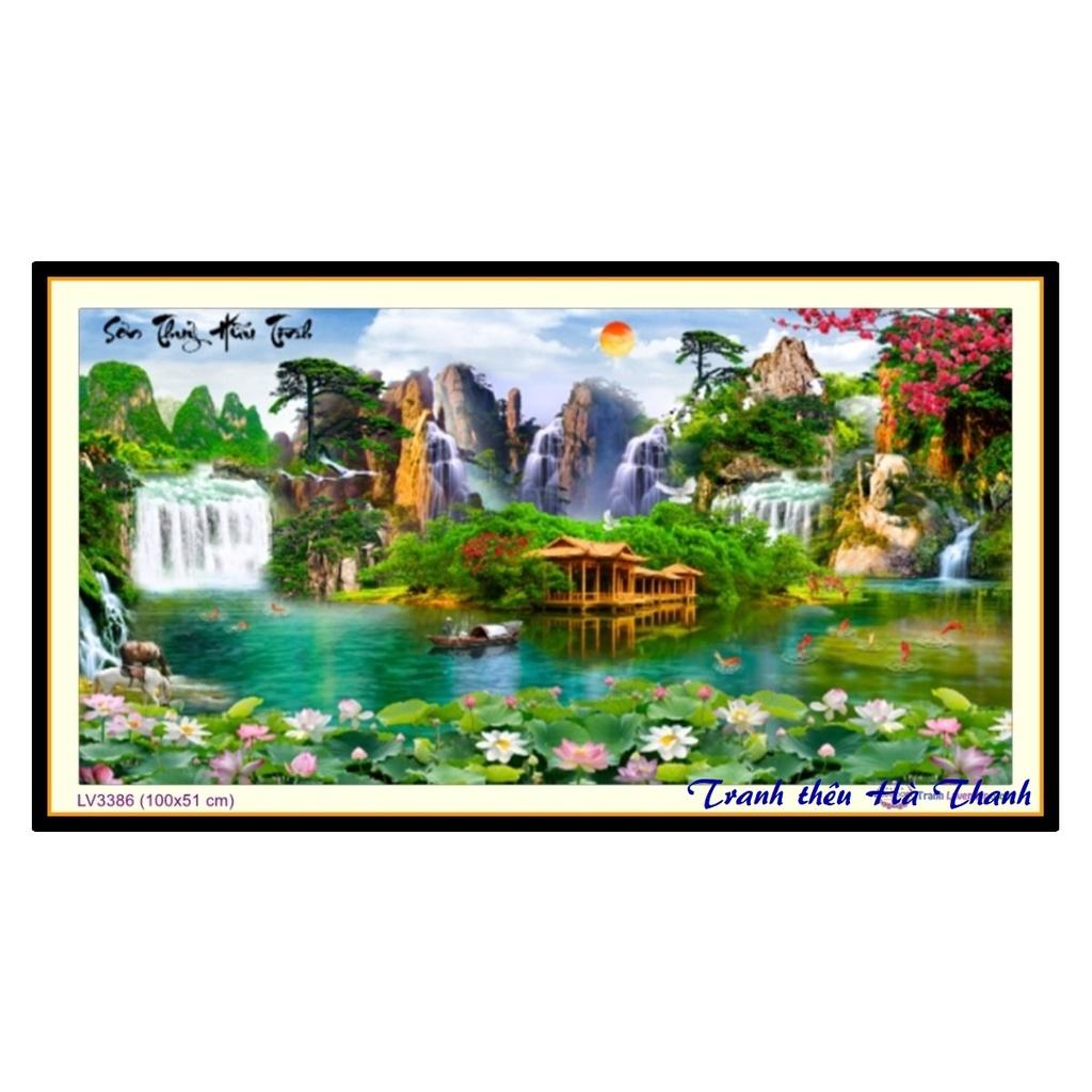 Tranh thêu chữ thập phong cảnh Sơn Thủy Hữu Tình khổ nhỏ 100×51 cm