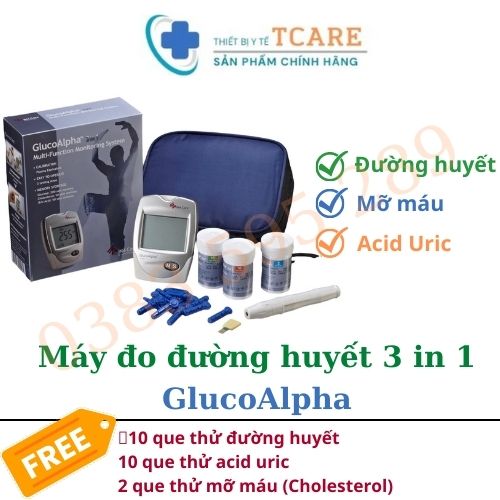 Máy đo đường huyết, mỡ máu, axit uric trong máu 3 trong 1 GlucoAlpha - IN4 Technology - Đủ bộ 3 que thử đường huyết, cholesterol, acid uric