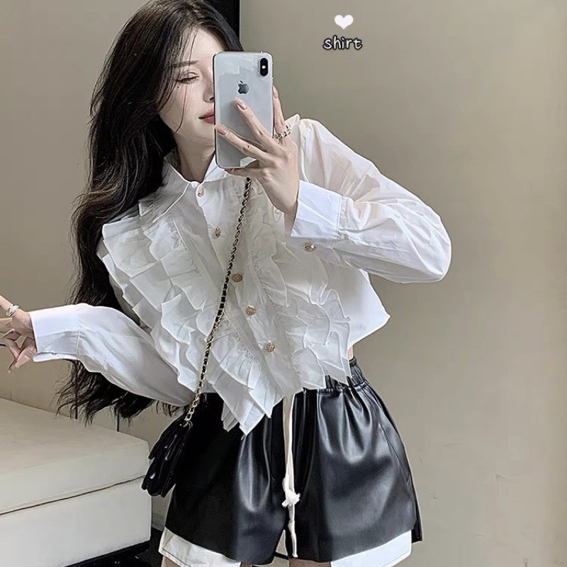 Áo sơ mi croptop phối bèo tiểu thư