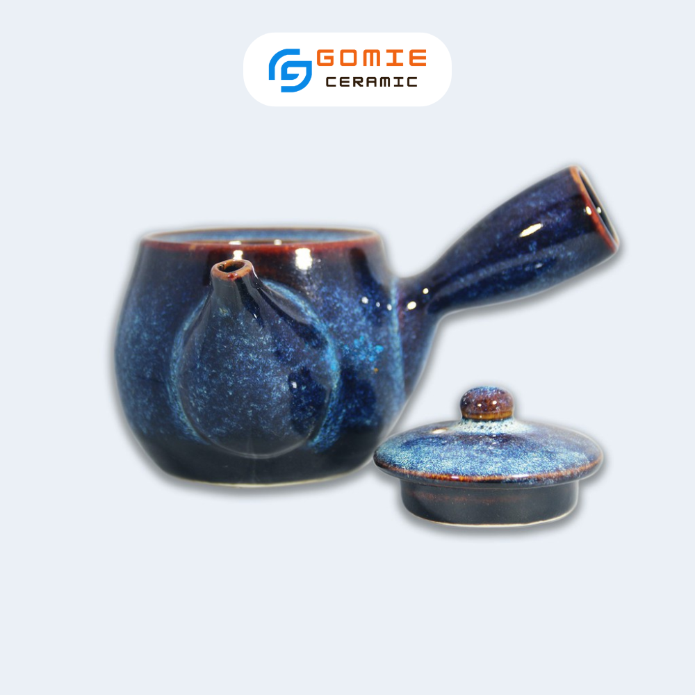 Ấm Trà Kiểu Nhật Men xanh hỏa biến - Ấm trà có tay cầm dài men hỏa biến - Gốm sứ cao cấp Bát Tràng