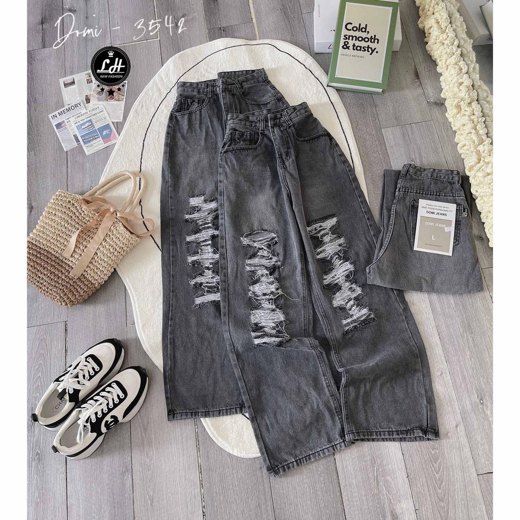 Quần jean nữ ống rộng, quần bò màu xám rách tả tơi siêu cá tính Lê Huy Fashion MS 3542