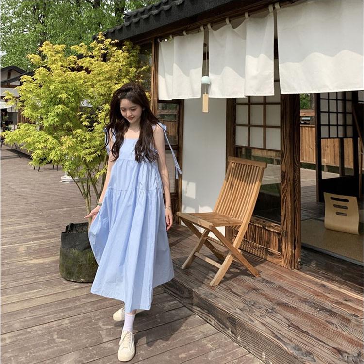 Đầm 2 dây thắt nơ vai chất đũi form rộng Váy babydoll đuôi cá siêu xinh