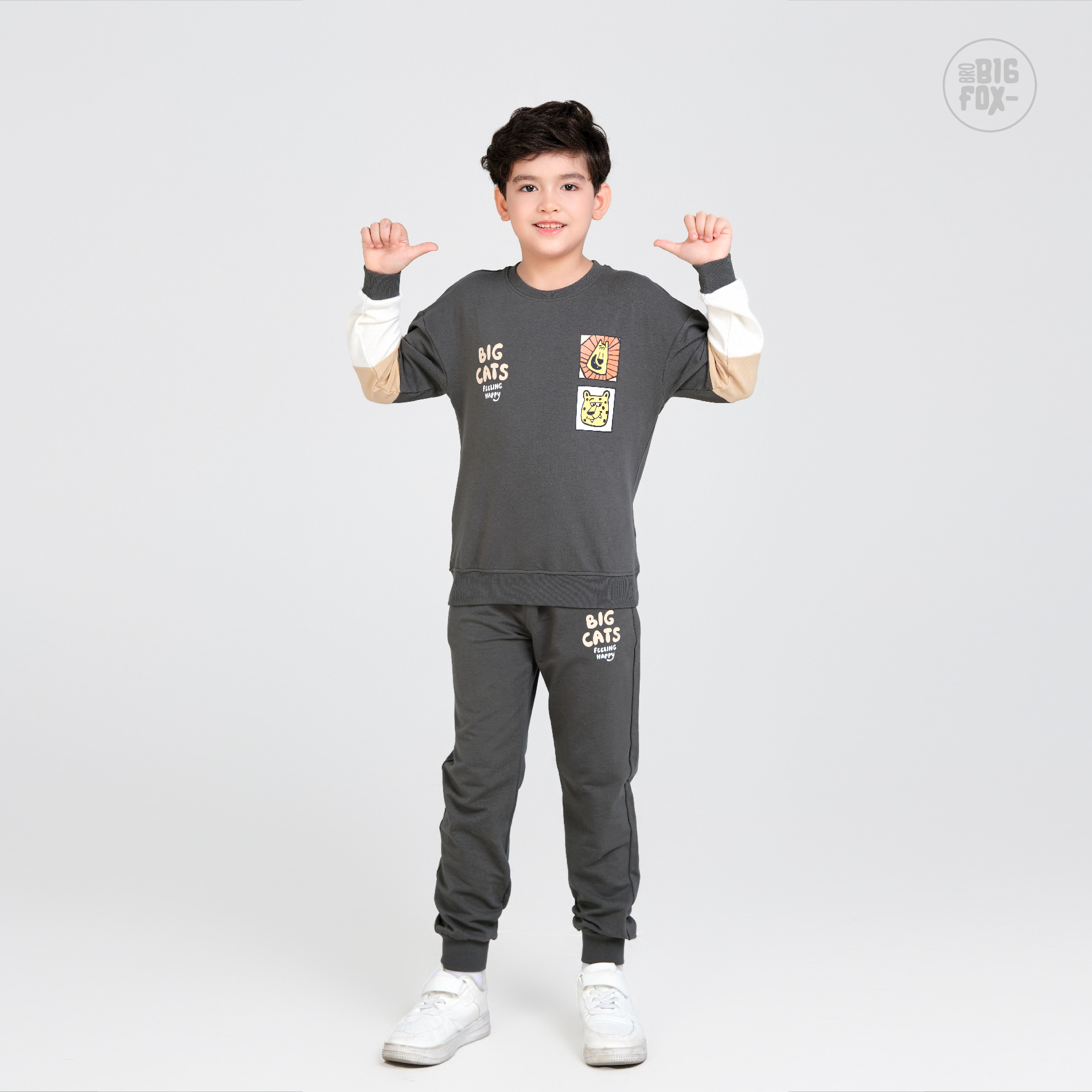 Bộ nỉ thu đông cho bé trai Bigfox Miss Meow size đại dài tay phối màu phom Hàn cỡ trẻ em 3-11 tuổi