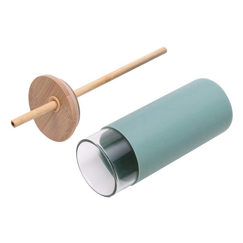 2 Pcs Bamboo Cover Glass Cup with Bamboo Straw Glass Juice Cup Silicone Sleeve Glass Water Cup Leak-Proof Black Green