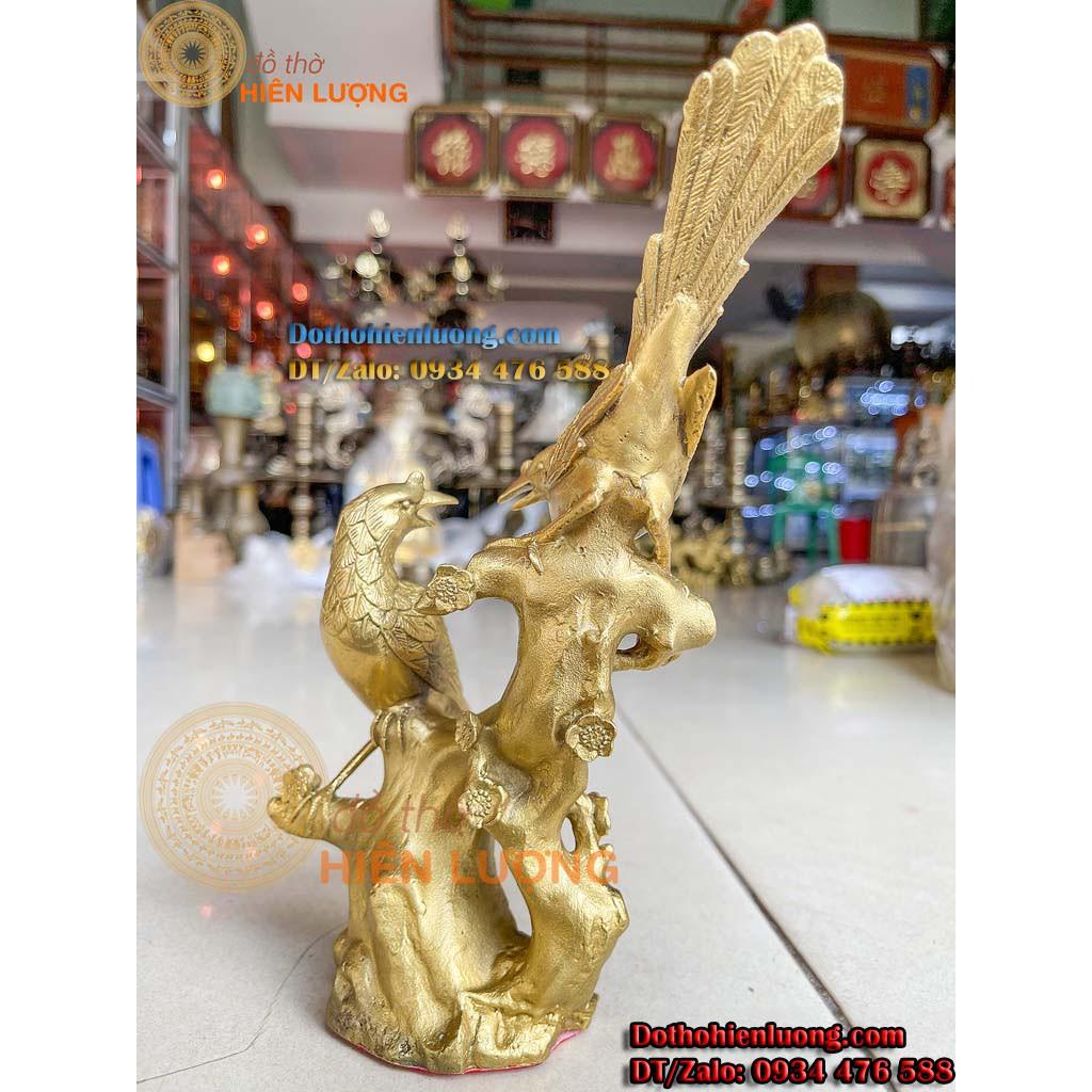 Tượng Đôi Chim Uyên Ương Màu Vàng Đậu Cành Cây Bằng Đồng - Song Hỷ Lâm Môn