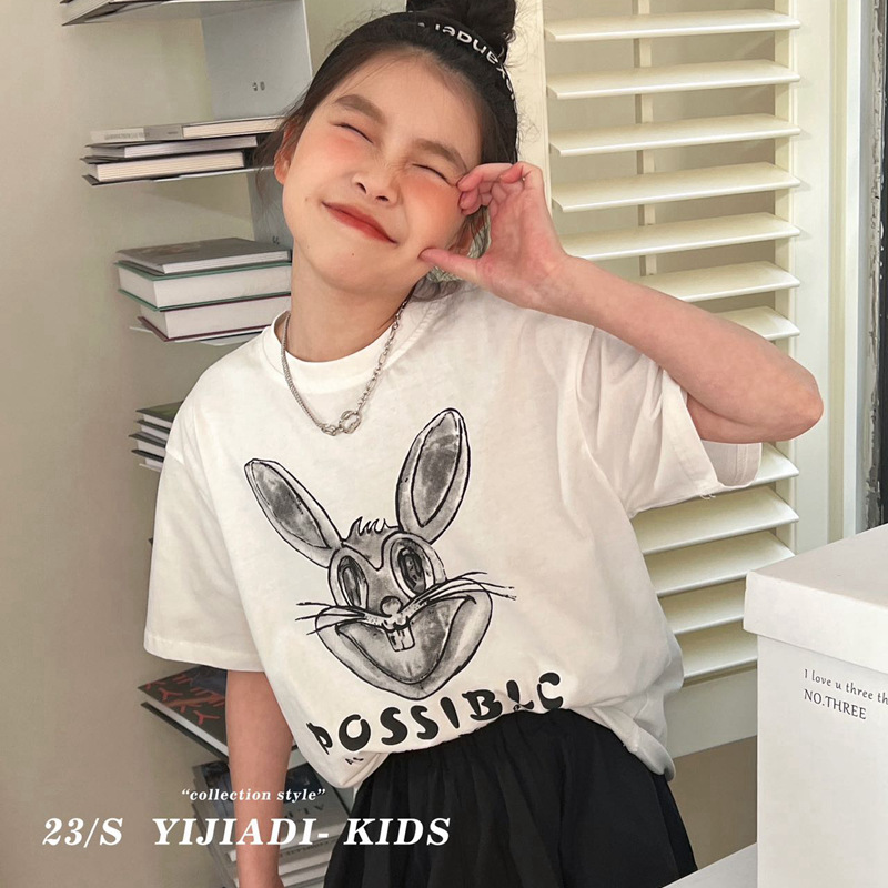 Áo cộc tay bé gái dáng rộng 5-14 tuổi hình thỏ in chữ POSS, Áo hè cho bé hàng Quảng Châu cao cấp vải cotton co giãn