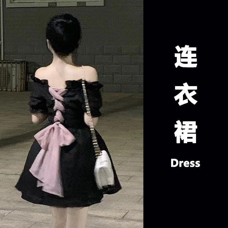 TOBE1SHOP Pháp vuông cổ ren-up lớn bowknot váy thắt lưng hiển thị gầy một chữ công chúa váy ngắn bong bóng tay áo mùa hè nhỏ