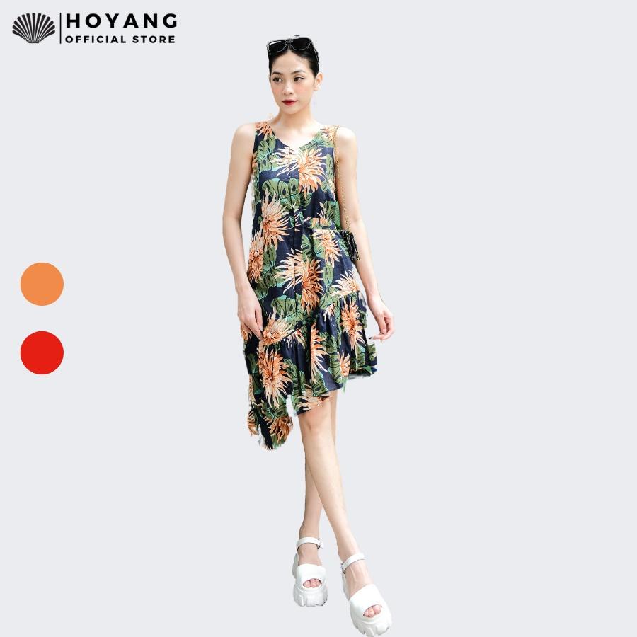 Đầm Linen thiết kế HOYANG họa tiết hoa lá không tay vạt xéo HOYANG DHY44