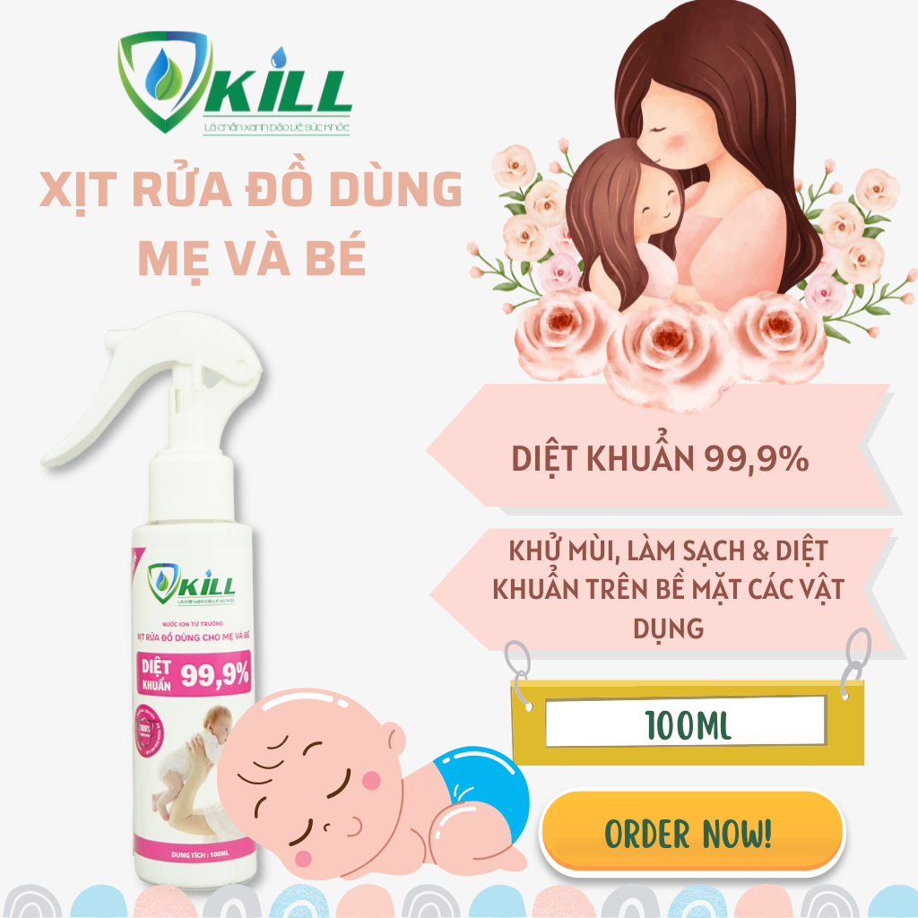 Nước rửa bình sữa đồ dùng cho mẹ và bé Vkill 100ml an toàn hơn với ion từ trường