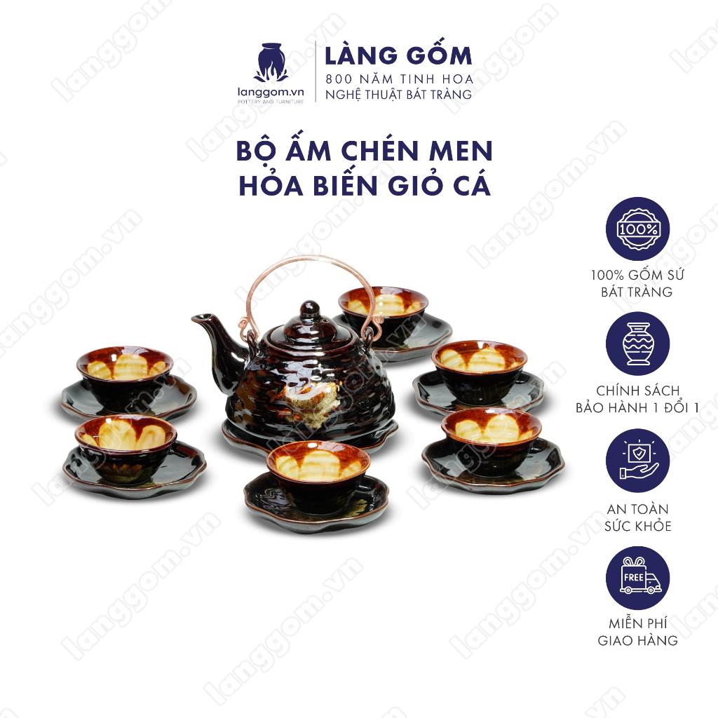 Bộ ấm chén Men hỏa biến giỏ cá - Gốm sứ Bát Tràng - Làng Gốm
